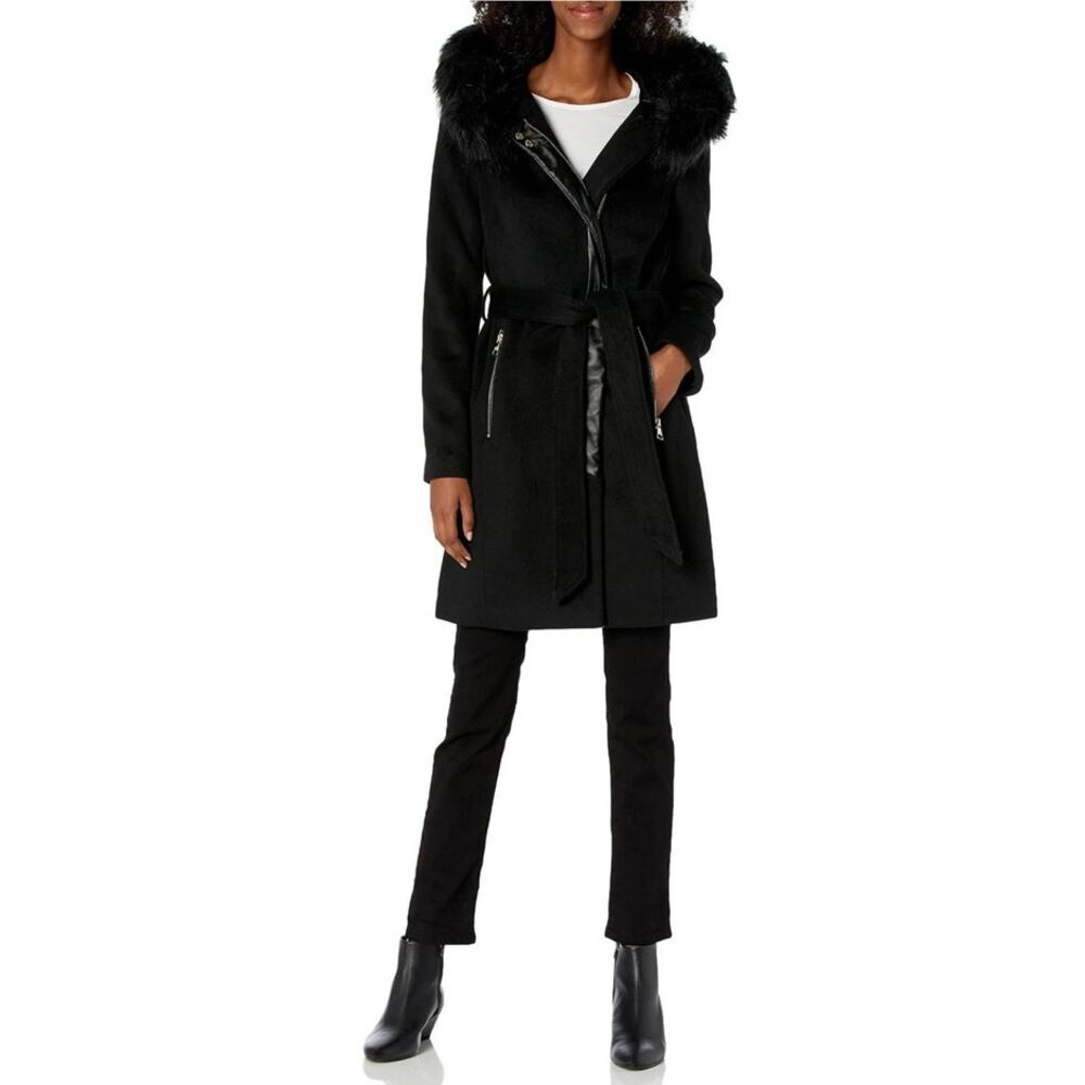 Karl Lagerfeld Paris Womens Black Belted Elegant Wool Coat Fur Trim Hood Small